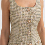 Altın Dekoratif Düğmeli Desenli Mini Elbise