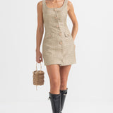 Altın Dekoratif Düğmeli Desenli Mini Elbise