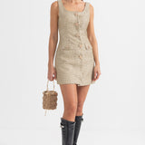 Altın Dekoratif Düğmeli Desenli Mini Elbise