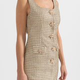 Altın Dekoratif Düğmeli Desenli Mini Elbise