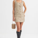 Altın Dekoratif Düğmeli Desenli Mini Elbise