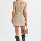 Altın Dekoratif Düğmeli Desenli Mini Elbise