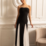 Zıt Renk Şifon Panel Detaylı Zarif Abiye Elbise – Siyah