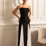 Zıt Renk Şifon Panel Detaylı Zarif Abiye Elbise – Siyah