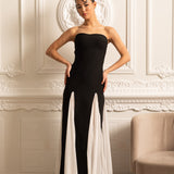 Zıt Renk Şifon Panel Detaylı Zarif Abiye Elbise – Siyah