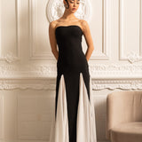 Zıt Renk Şifon Panel Detaylı Zarif Abiye Elbise – Siyah