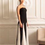 Zıt Renk Şifon Panel Detaylı Zarif Abiye Elbise – Siyah