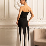 Zıt Renk Şifon Panel Detaylı Zarif Abiye Elbise – Siyah