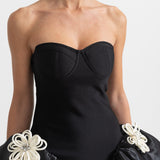 3D Gümüş Çiçek Süslemeli Zarif Mini Elbise