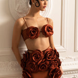 3D Çiçek Süslemeli Zarif Saten Eşofman Takımı