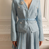 Uzun Kollu Üst ve Eşleşen Pileli Mini Etekli Dokulu Ortak Takım - Mavi