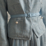 Uzun Kollu Üst ve Eşleşen Pileli Mini Etekli Dokulu Ortak Takım - Mavi