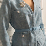 Uzun Kollu Üst ve Eşleşen Pileli Mini Etekli Dokulu Ortak Takım - Mavi