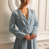 Uzun Kollu Üst ve Eşleşen Pileli Mini Etekli Dokulu Ortak Takım - Mavi