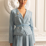 Uzun Kollu Üst ve Eşleşen Pileli Mini Etekli Dokulu Ortak Takım - Mavi