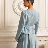 Uzun Kollu Üst ve Eşleşen Pileli Mini Etekli Dokulu Ortak Takım - Mavi