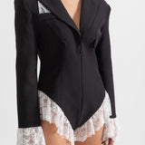 Beyaz Dantel Süslemeli Zarif Blazer Bodysuit