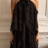 Dekoratif Yaka Çiçekli Kat Kat Fırfırlı Halter Elbise