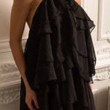 Dekoratif Yaka Çiçekli Kat Kat Fırfırlı Halter Elbise