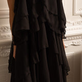 Dekoratif Yaka Çiçekli Kat Kat Fırfırlı Halter Elbise