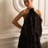 Dekoratif Yaka Çiçekli Kat Kat Fırfırlı Halter Elbise