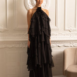 Dekoratif Yaka Çiçekli Kat Kat Fırfırlı Halter Elbise