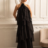 Dekoratif Yaka Çiçekli Kat Kat Fırfırlı Halter Elbise