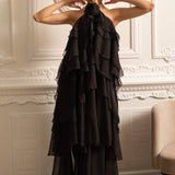 Dekoratif Yaka Çiçekli Kat Kat Fırfırlı Halter Elbise