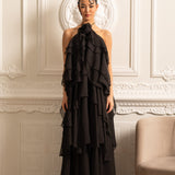 Dekoratif Yaka Çiçekli Kat Kat Fırfırlı Halter Elbise