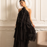 Dekoratif Yaka Çiçekli Kat Kat Fırfırlı Halter Elbise