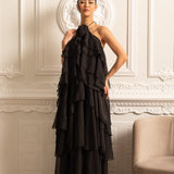 Dekoratif Yaka Çiçekli Kat Kat Fırfırlı Halter Elbise