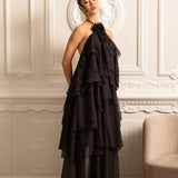 Dekoratif Yaka Çiçekli Kat Kat Fırfırlı Halter Elbise