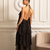 Dekoratif Yaka Çiçekli Kat Kat Fırfırlı Halter Elbise