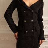 Kruvaze Dokulu, Dekoratif Altın Düğmeli Elbise - Siyah