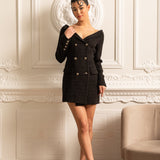 Kruvaze Dokulu, Dekoratif Altın Düğmeli Elbise - Siyah