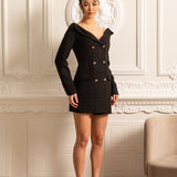 Kruvaze Dokulu, Dekoratif Altın Düğmeli Elbise - Siyah