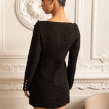 Kruvaze Dokulu, Dekoratif Altın Düğmeli Elbise - Siyah