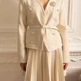 Uzun Kollu Üst ve Eşleşen Pileli Mini Etekli Dokulu Ortak Takım