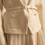 Uzun Kollu Üst ve Eşleşen Pileli Mini Etekli Dokulu Ortak Takım - Ivoire