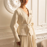 Uzun Kollu Üst ve Eşleşen Pileli Mini Etekli Dokulu Ortak Takım - Ivoire