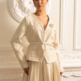 Uzun Kollu Üst ve Eşleşen Pileli Mini Etekli Dokulu Ortak Takım