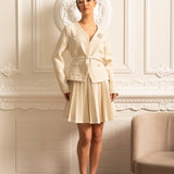 Uzun Kollu Üst ve Eşleşen Pileli Mini Etekli Dokulu Ortak Takım