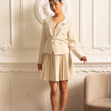 Uzun Kollu Üst ve Eşleşen Pileli Mini Etekli Dokulu Ortak Takım