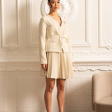 Uzun Kollu Üst ve Eşleşen Pileli Mini Etekli Dokulu Ortak Takım