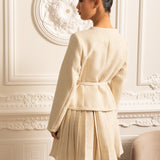 Uzun Kollu Üst ve Eşleşen Pileli Mini Etekli Dokulu Ortak Takım - Ivoire