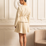 Uzun Kollu Üst ve Eşleşen Pileli Mini Etekli Dokulu Ortak Takım - Ivoire
