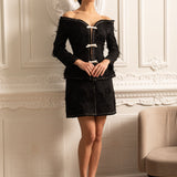 Beyaz Fiyonklu Dokulu Omuz Açık Kordon Set