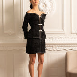 Beyaz Fiyonklu Dokulu Omuz Açık Kordon Set