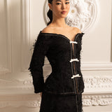 Beyaz Fiyonklu Dokulu Omuz Açık Kordon Set