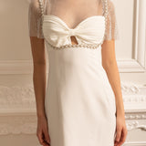 File Üstlü ve İnci Süslemeli Zarif Mini Elbise- Beyaz